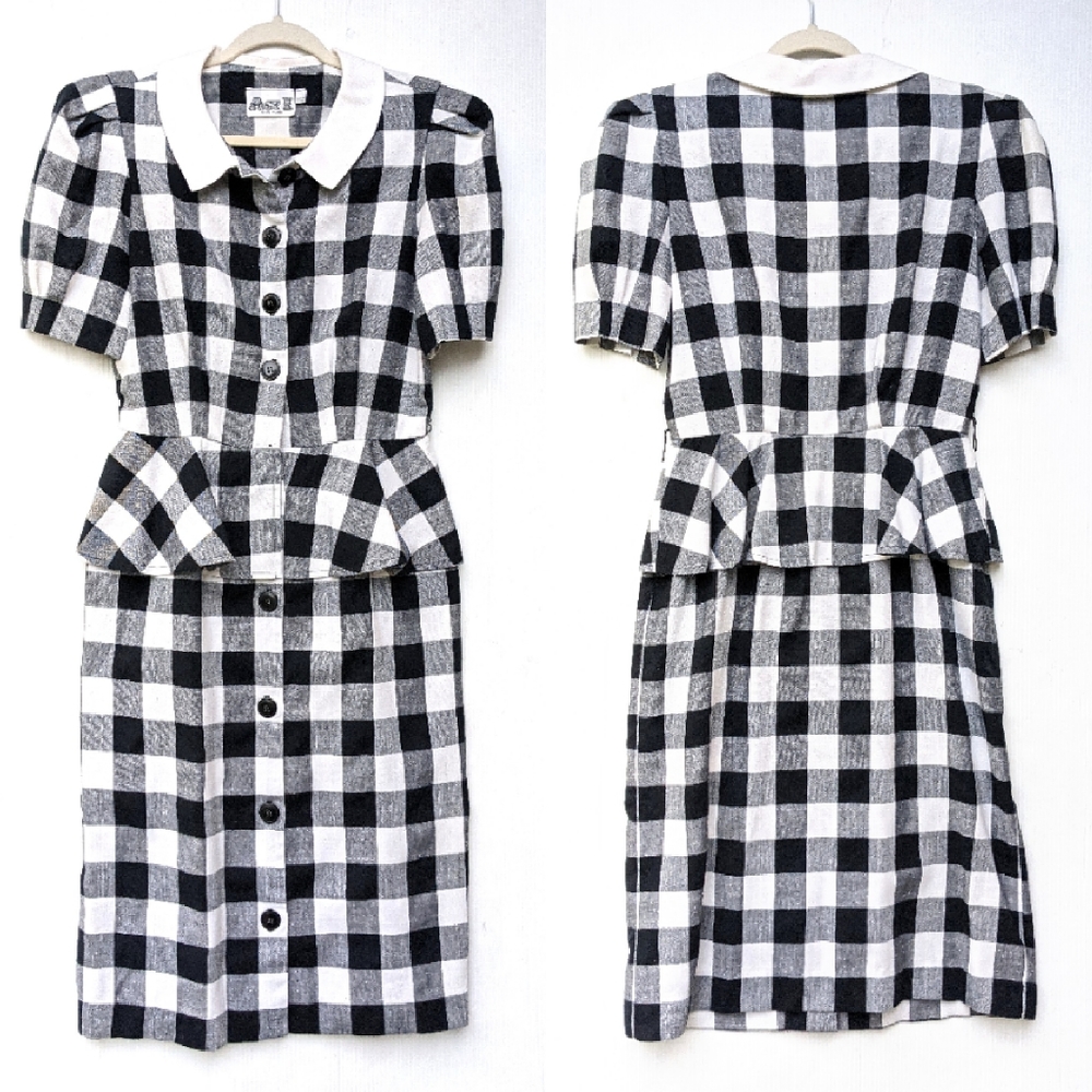 VINTAGE black gingham plaid button front dress